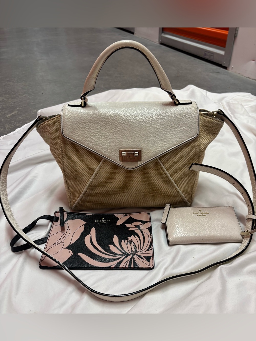 Kate Spade Bundle- Tweed/White Satchel AND White Leather Wallet + Wristlet
